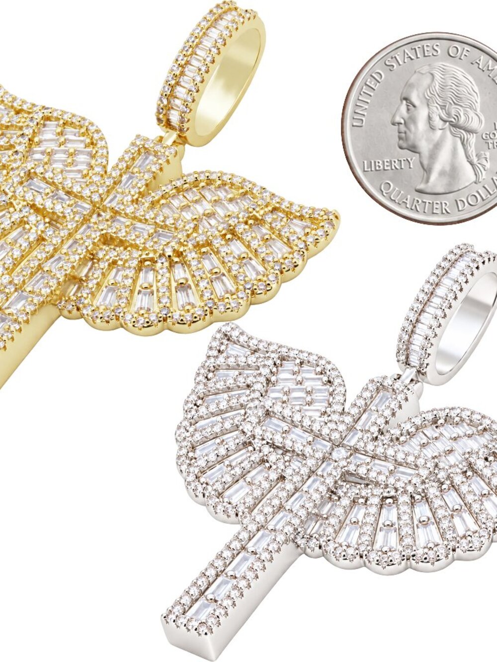 14k Yellow/White Gold Plated AAA Cubic Zirconia Baguette Winged Cross Pendant